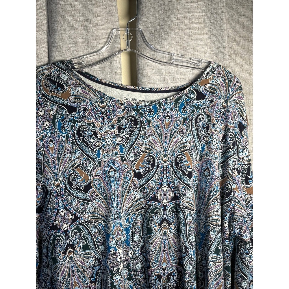 Croft & Barrow Womens 3X Classic Tee Blue Paisley Long Sleeve Crew Neck Top